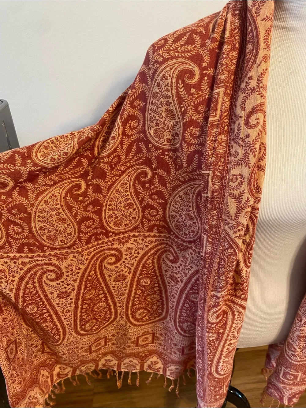 Vintage Rust Orange & Cream Paisley Pashmina Shawl with Fringe Trim